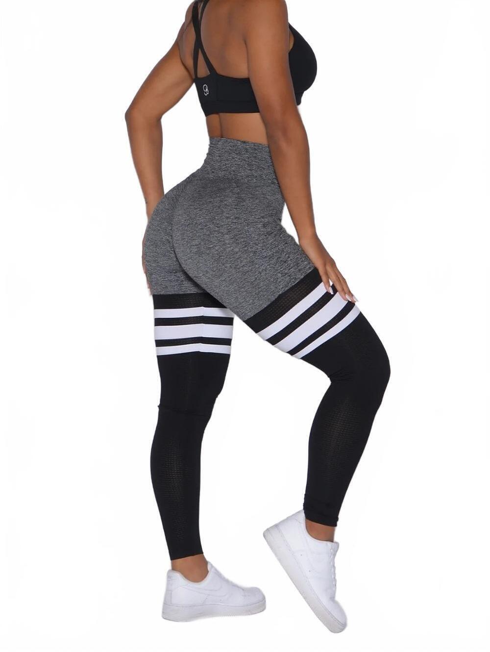 Bombshell Sportswear Thigh-High Sock Leggings Stripes Black Grey White Large